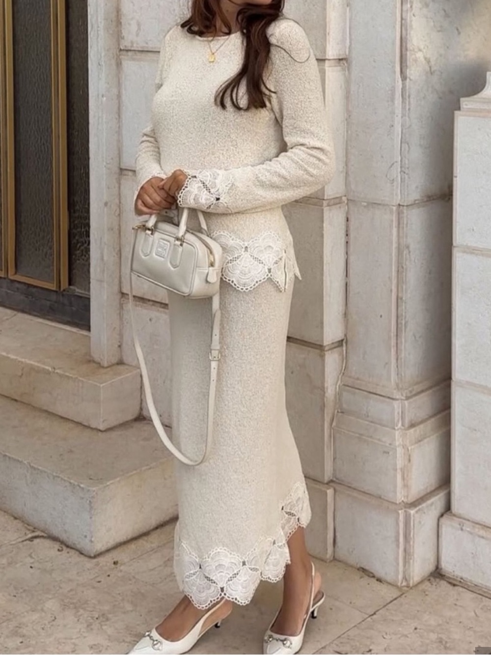 Elegant Cream Lace-Trim Knit set